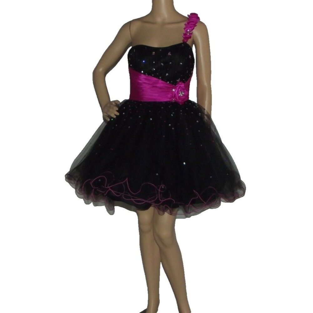 Mori Lee Prom Dress Womens Size 5/6 Madeline Gardner Black Hot Pink tulle satin